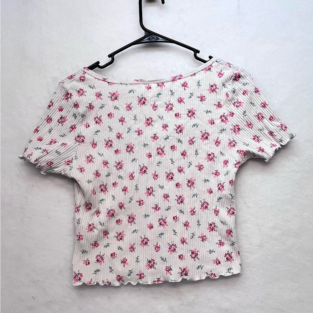 H&M Button Front Ribbed White Pink Rose‎ Floral Top ribbed cotton jersey. Medium - Picture 3 of 7